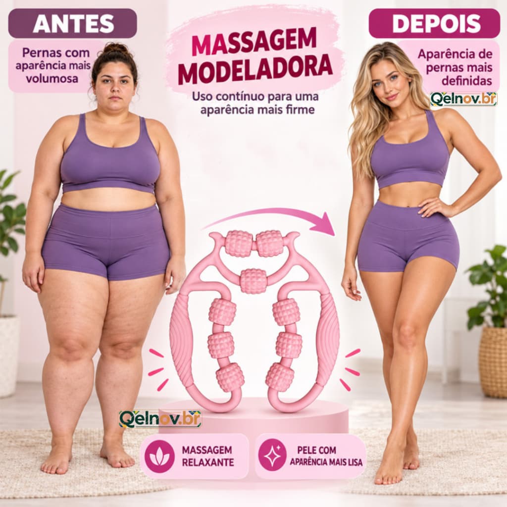 Massageador de Pernas Manual com 9 Rolos Rosa para Relaxamento Muscular