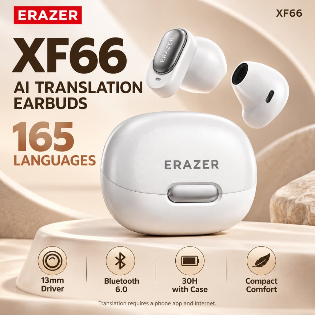 ERAZER XF66 Fones De Ouvido Sem Fio Bluetooth AI Tradutor Fone De 165 Idiomas Saymi App Tradução Em Tempo Real TWS Chama