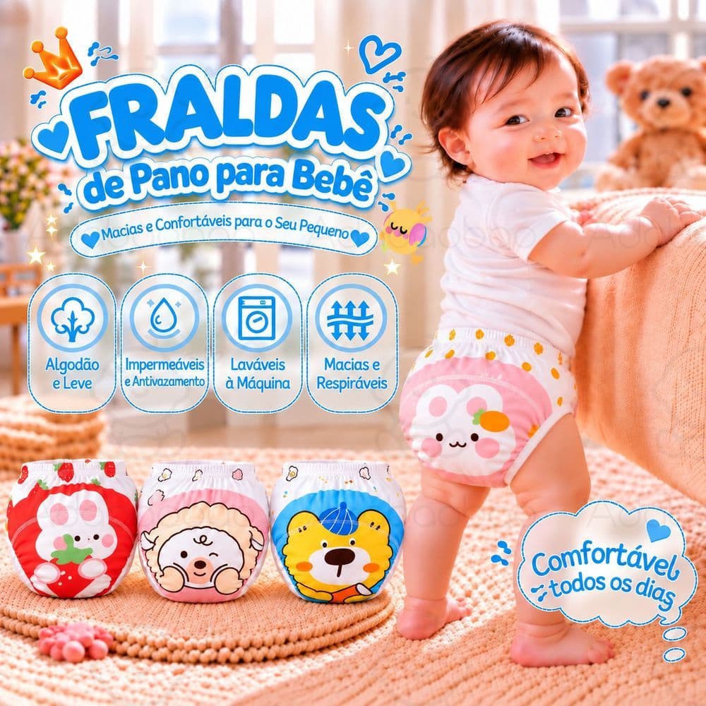 Fralda Ecológica de Pano para Bebê Algodão Lavável Respirável Antivazamento Calcinha de Treinamento Infantil