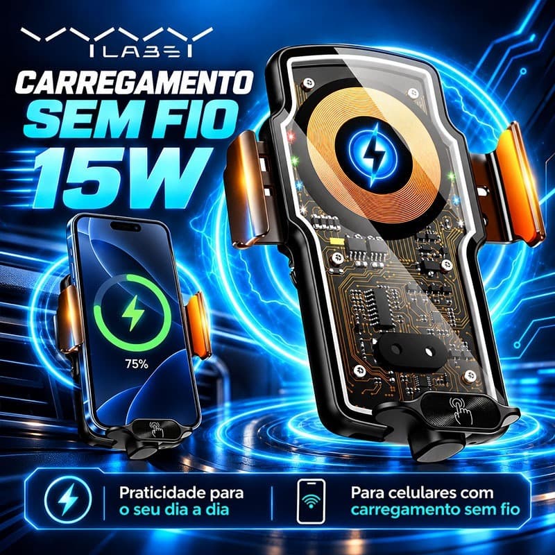Car Suporte Celular Veicular Aperto Automático Carregador por Indução Sem Fio 15W Carga Rápida aperto automático Vyvylab