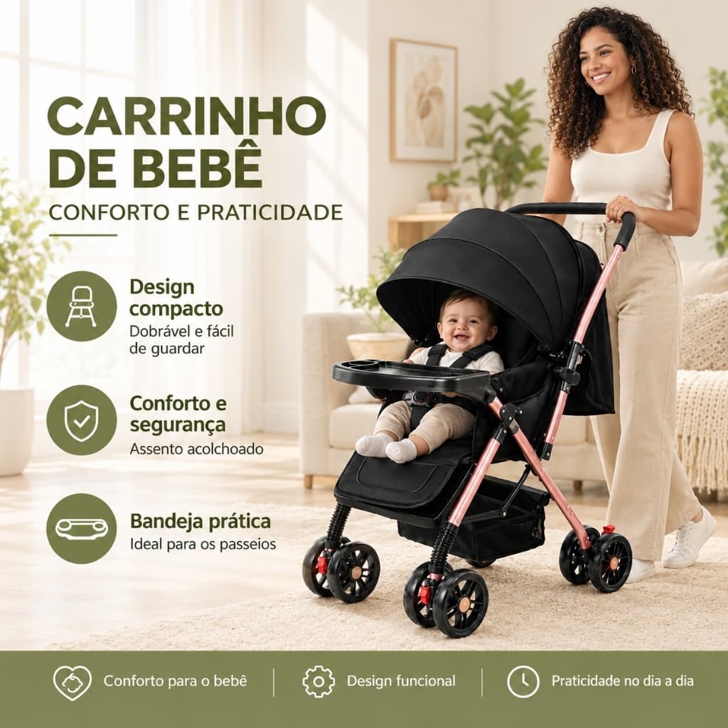 Carrinho de bebê, pode empurrar rodas universais de absorção de choque bidirecional e 360 graus, assentos e bandejas aju
