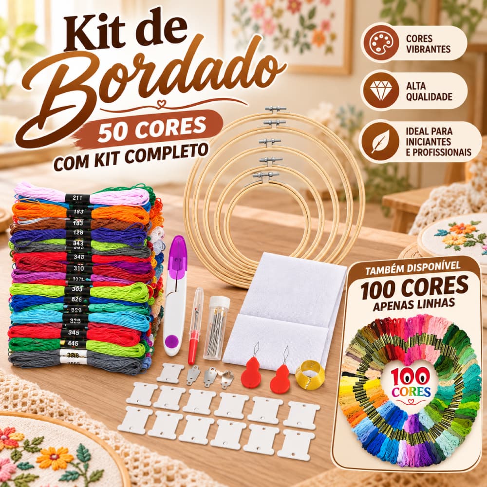 Kit para Bordado Ponto Cruz para Bordar Iniciante Completo - 50/100 cores de linha de bordar