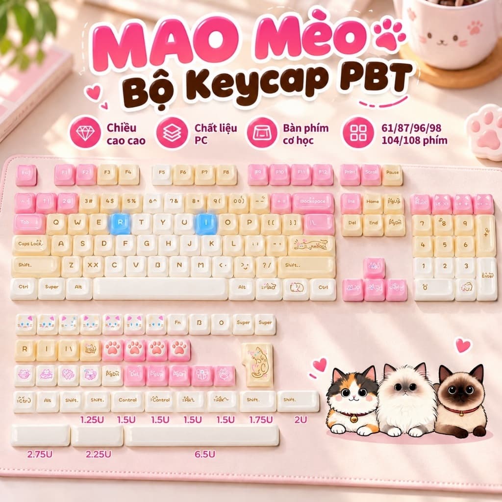Conjunto de teclas de gato fofo de 148 teclas, Material para PC, tampa de teclado mecânico DIY 6.25 U