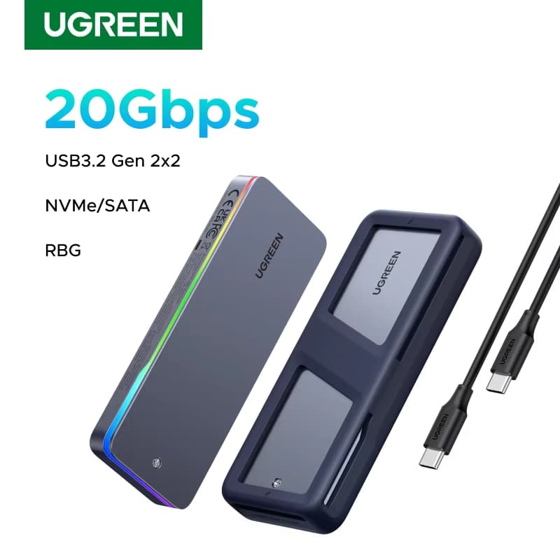 U-GREEN 20Gbps M . 2 SSD Case NVMe SATA Adaptador De Gabinete USB 3.2 Gen2 Externo Luz RGB