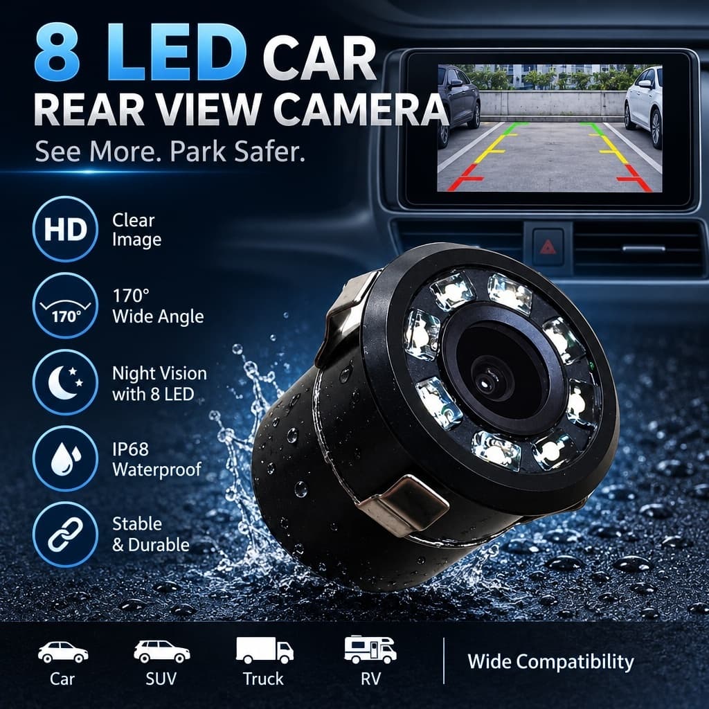 8 LED 170 Graus Redondo Back Up Câmeras Câmera De Visão Traseira Do Carro Noturna Invertendo Estacionamento Automático À