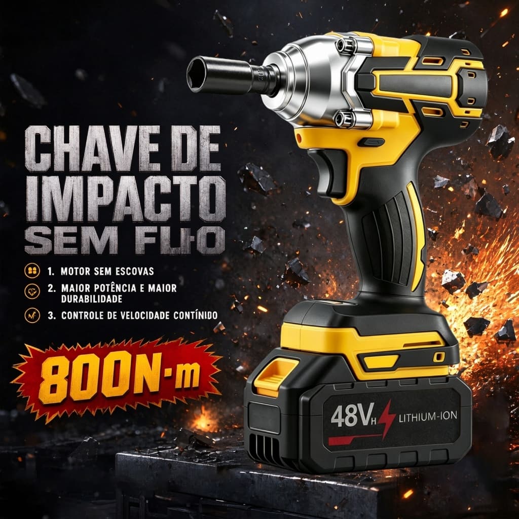 Chave De Impacto Sem Fio 48V, 800Nm - Conjunto Profissional, Inclui Duas Baterias E Caixa De Ferramentas