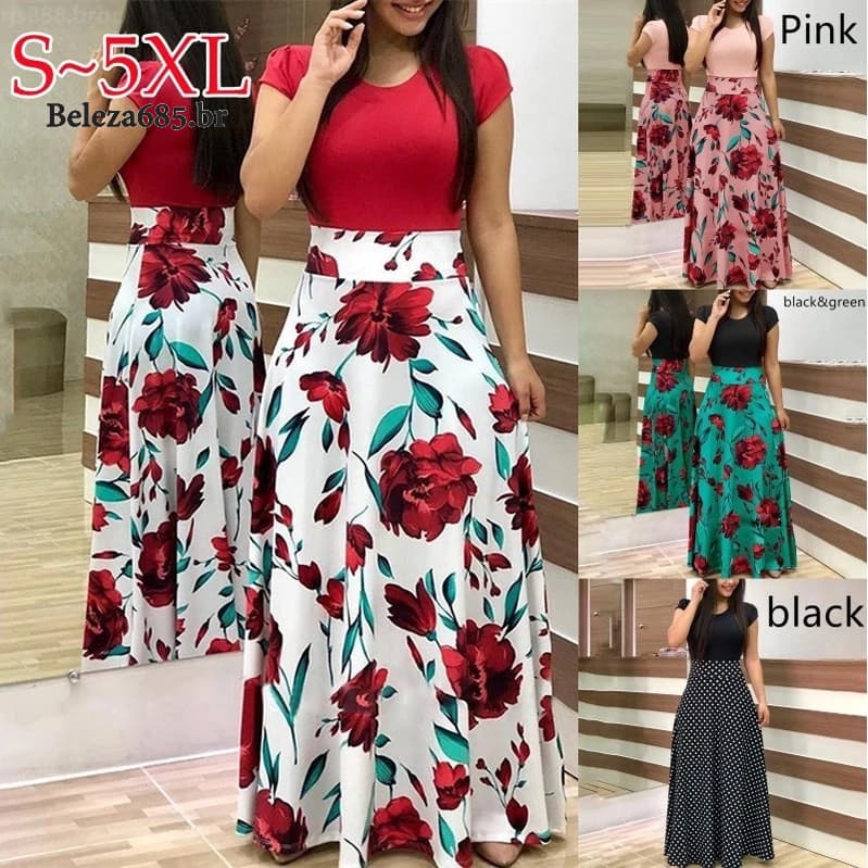 Women Long Dresses Flower Print Color Block Dress Vestido longo Vestido feminino Vestido plus size Vestido longo plus size Vestido plu size feminino