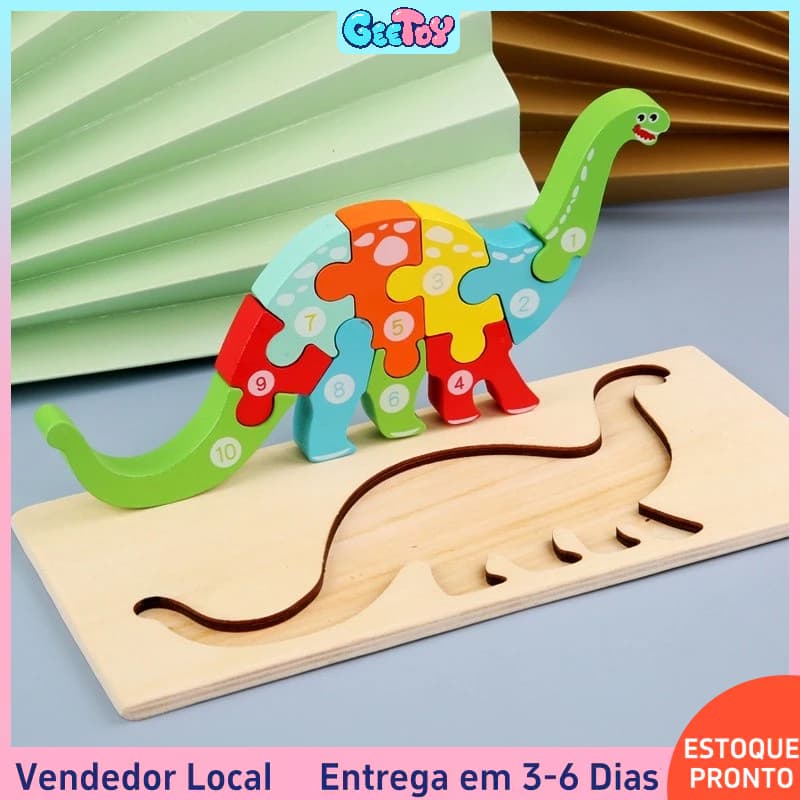 Quebra-Cabeça de Dino 3D em Madeira - Brinquedo Educativo Montessori para Bebês e Crianças Pequenas