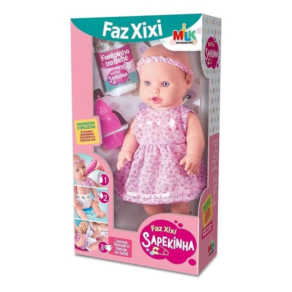 Boneca Baby Faz Xixi Sapekinha + Mamadeira + Fralda - Milk