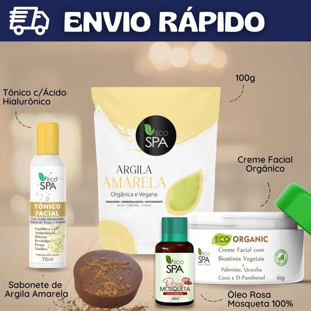 Kit Anti-idade Skin Care - Argila Amarela + Sabonete de Argila Amarela + Creme Facial + Rosa Mosqueta + Tônico Hialurônico
