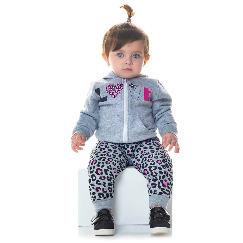 Conjunto Bebê Menina - Casaco Com Capuz + Calça Estampa Onça - 100% Algodão - Roupa de frio Bebê - Conjunto de Inverno Menina -  Roupa de Bebê Barata
