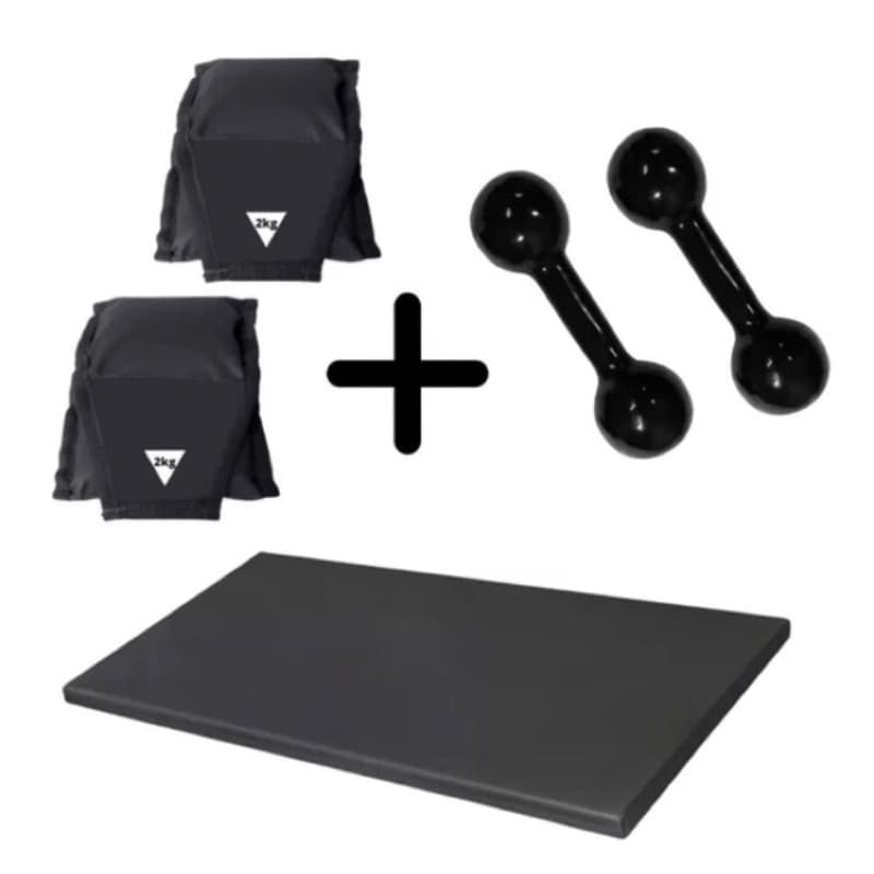 Kit Halter emborrachada 1 Kg + Tornozeleira 2 Kg + Colchonete - Kit C/3 Produtos Academia Treino em Casa