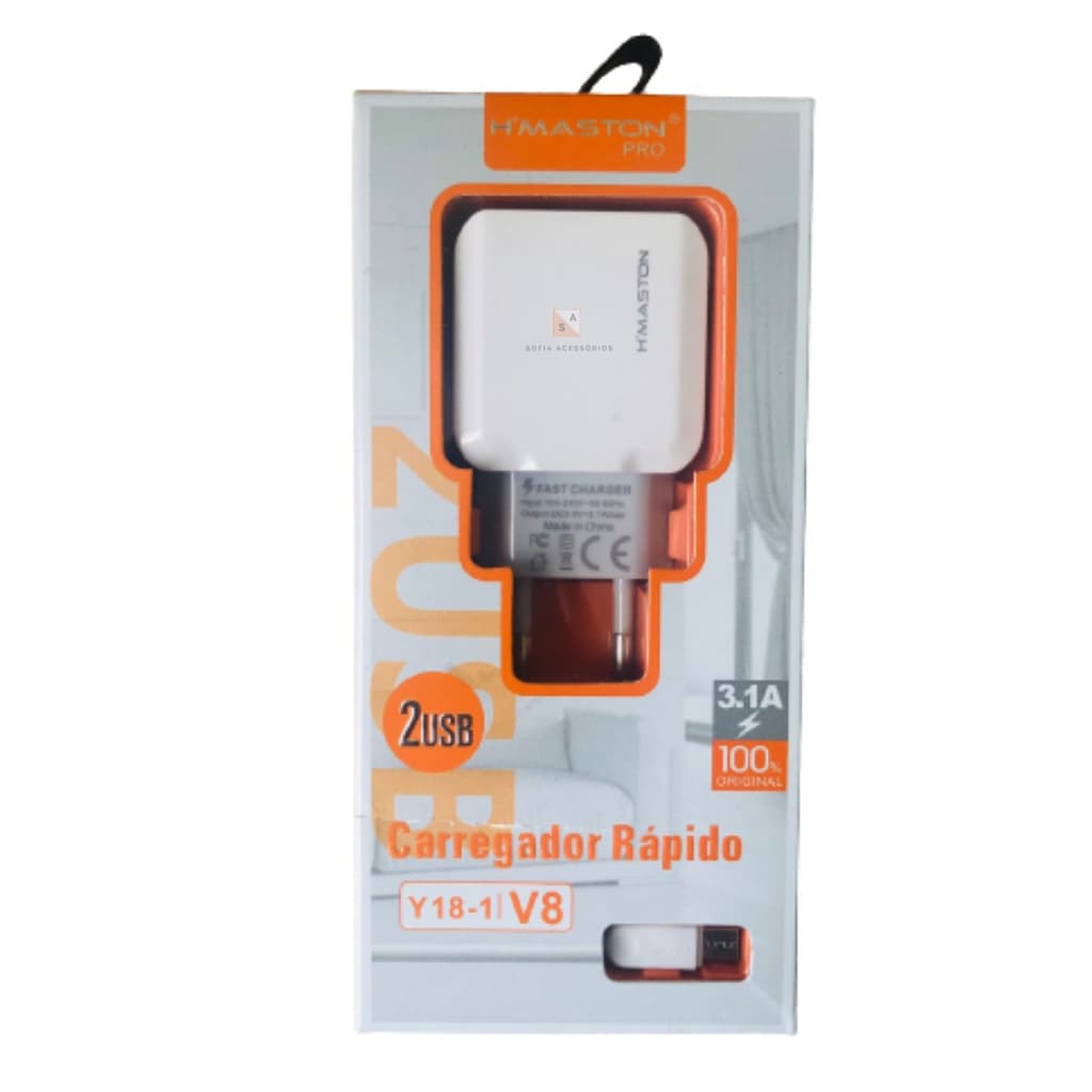Carregador Turbo Celular Tablet Android com 2 USB + Cabo V8 H'maston