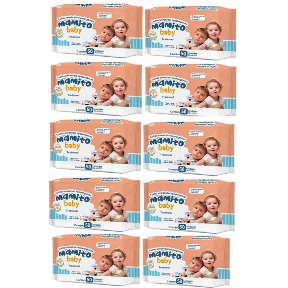 Kit C/10 - Lenços Umedecidos Original Mamito Baby Toalhas Umedecidas C/50 Unidades