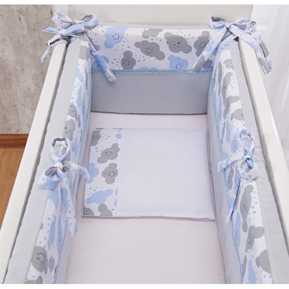 Kit Para mini Berço de Bebê Azul bebe e Cinza Chuva de Bençãos Azu 3pç Protetor para mini Berço Nuvens Azul e Cinza