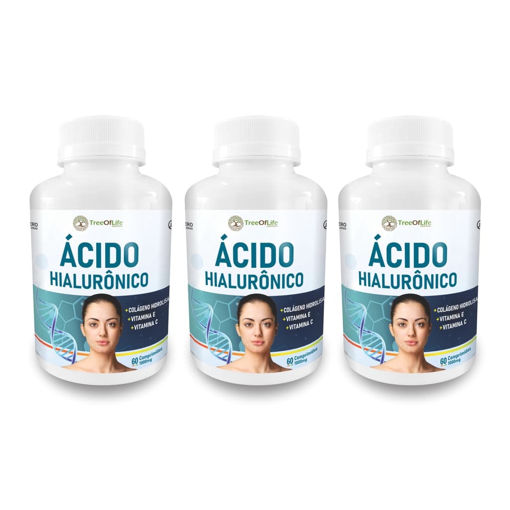 Kit 3x Ácido Hialurônico + Colágeno + Vitamina E + Vitamina C 60 Comprimidos 1000mg