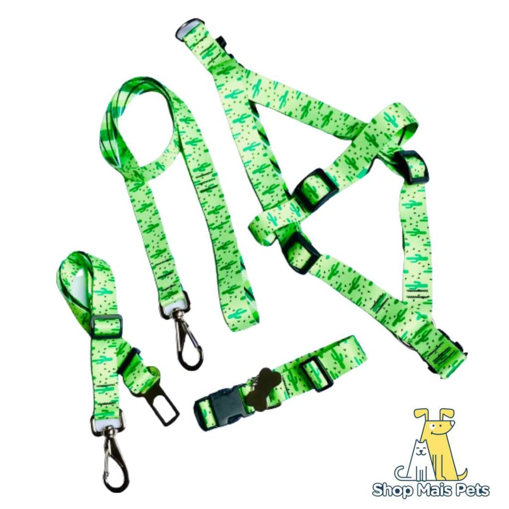 Kit Coleira Guia Peitoral e Cinto Modelo Cacto para Cachorros e Gatos , coleiras, baratas,cachorros,gatos,personalizada,desenho,cactos