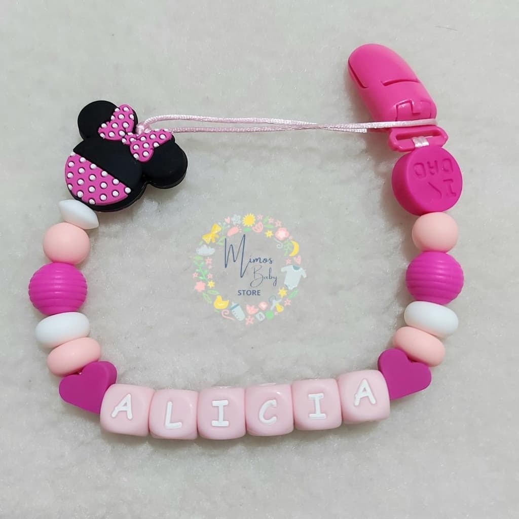 Prendedor de Chupeta e Mordedor Personalizado com Nome do Bebê de Silicone Minnie