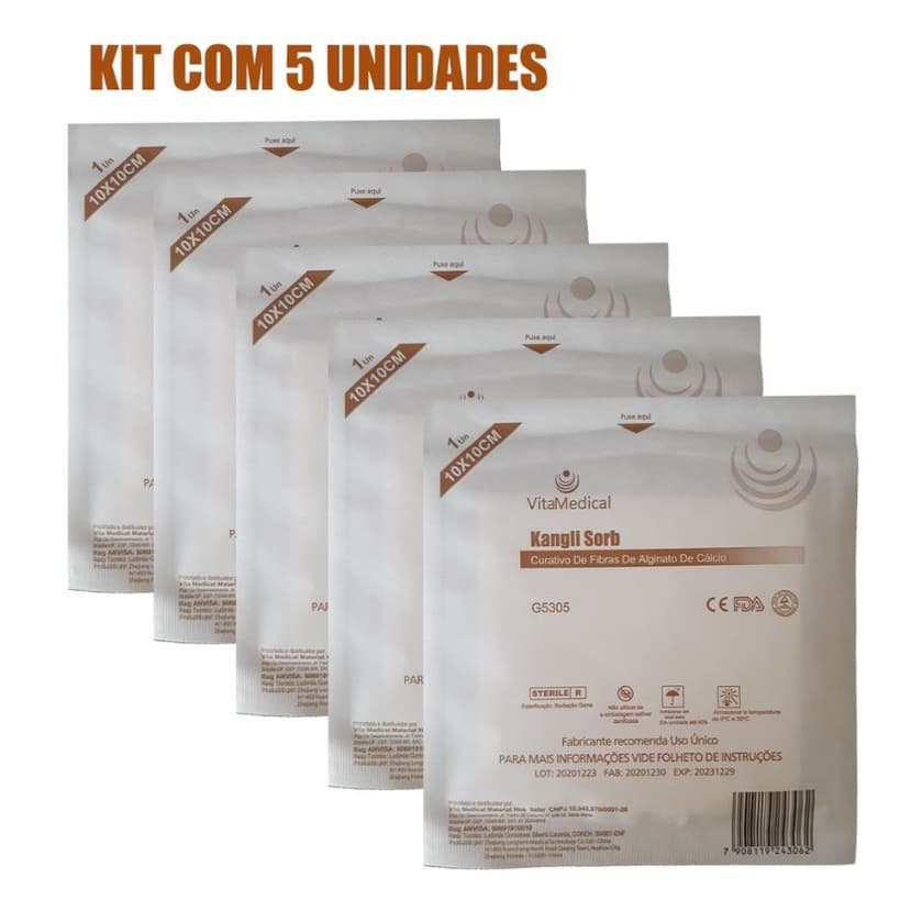 Kit 5 Curativos De Alginato De Cálcio Kangli Sorb 10x10cm - VitaMedical