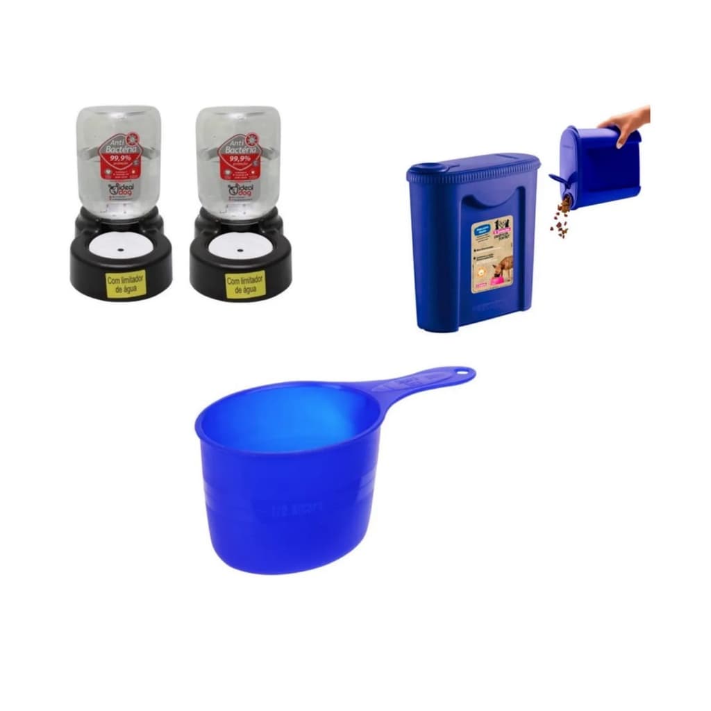 BEBEDOURO COM LIMITADOR+PORTA RAÇÃO +MEDIDOR DE RAÇÃO CACHORRO E GATOS REF 28