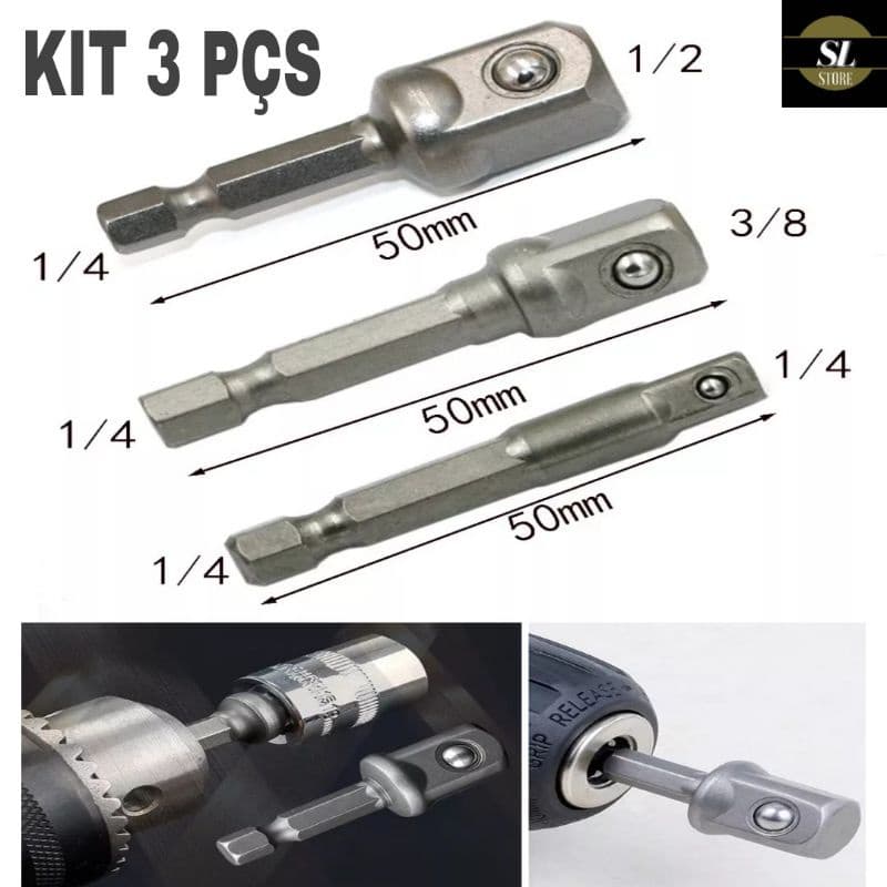 Jogo 3 Adaptadores 1/4" 3/8" 1/2" Para Soquetes Parafusadeira Furadeira