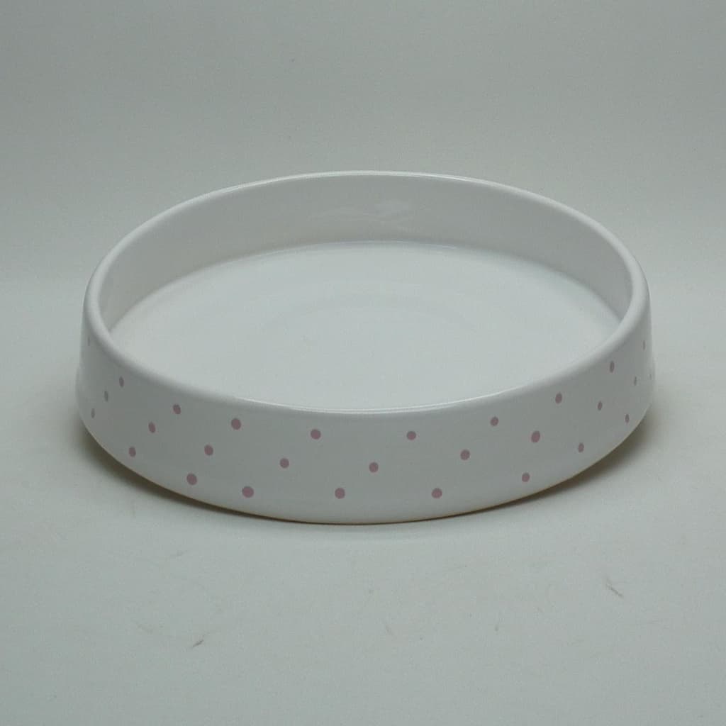 Bandeja Organizadora Redonda de Cerâmica Branco off White com Poá Rosa Bebe para kit Higiene Bebe ou Lavabo Banheiro