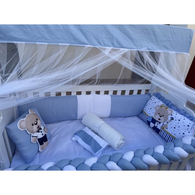 Kit berço 10 Peças Urso Guerreiro - Azul Bebe - Sublimado para Berço Padrão Americano