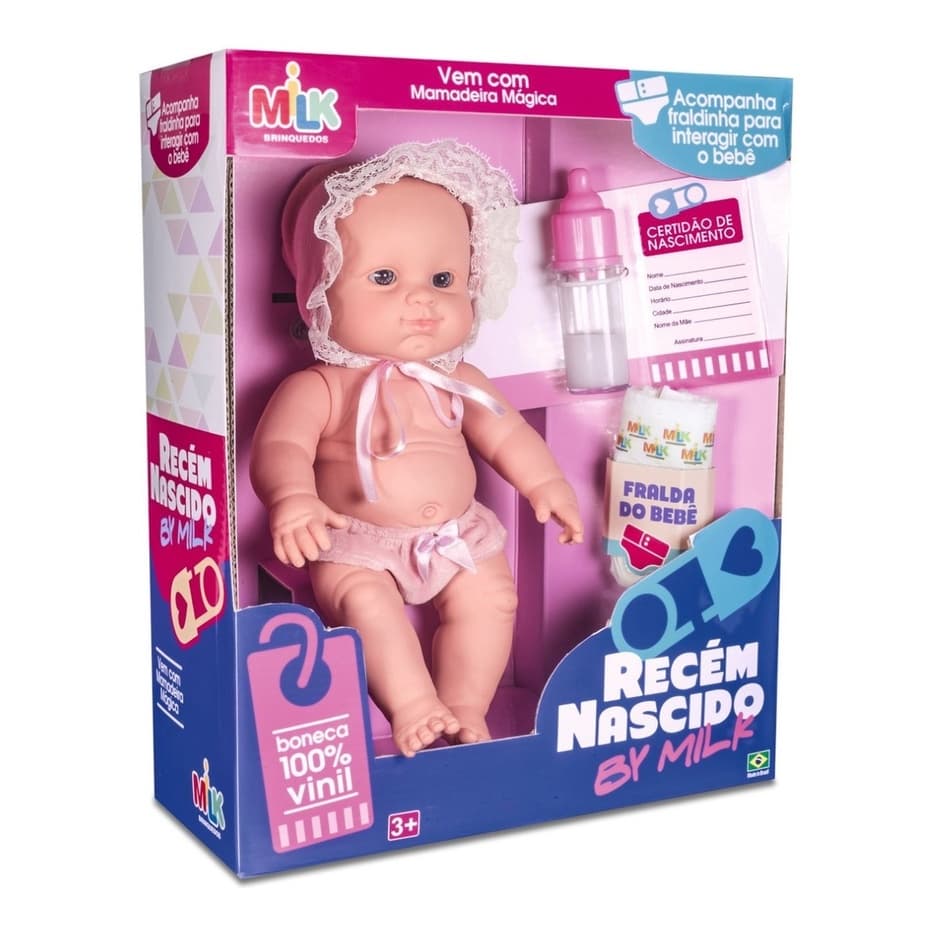 Boneca Vinil Recem Nascida Fralda + Mamadeira + Certidao