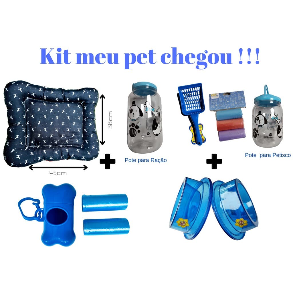 Kit meu pet chegou menino Caminha Pequena + Pote Racão 3.6 + Petisco 1.7 + Pá + Coletor Cata Caca + Refil + Comedouros, Cachorro - para Cachorros Pequenos, Mini, Filhotes - Camas de cachorros - Caminha para cães - Cama tenda de caes - Cobertor cachorros
