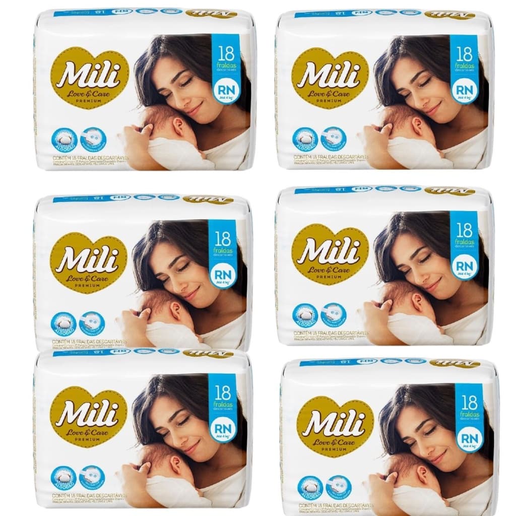 Fralda Descartável MILI Love & Care RN   6 pacotes c/ 18