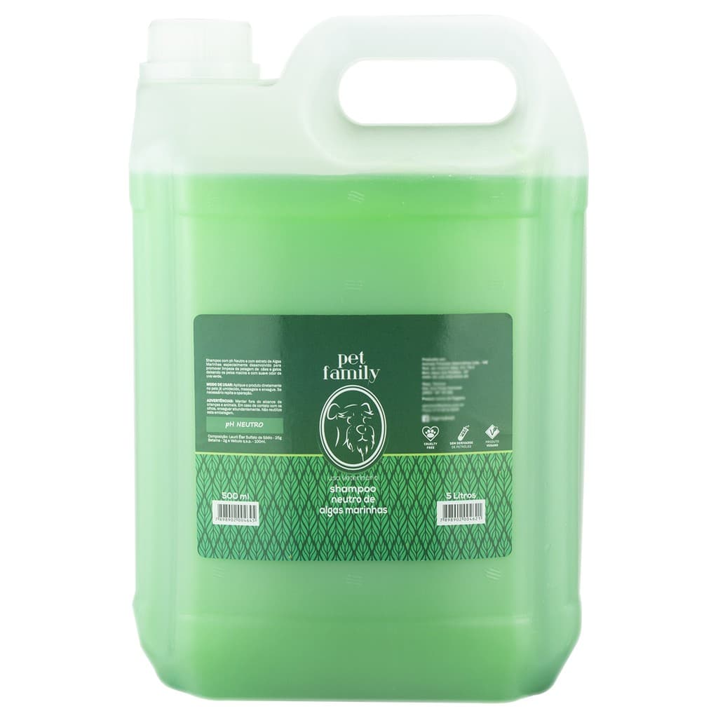 Shampoo Pet Family Banho Hidratante Pra Cães e Gatos Neutro 5 Lts Galão Profissional Algas Marinhas