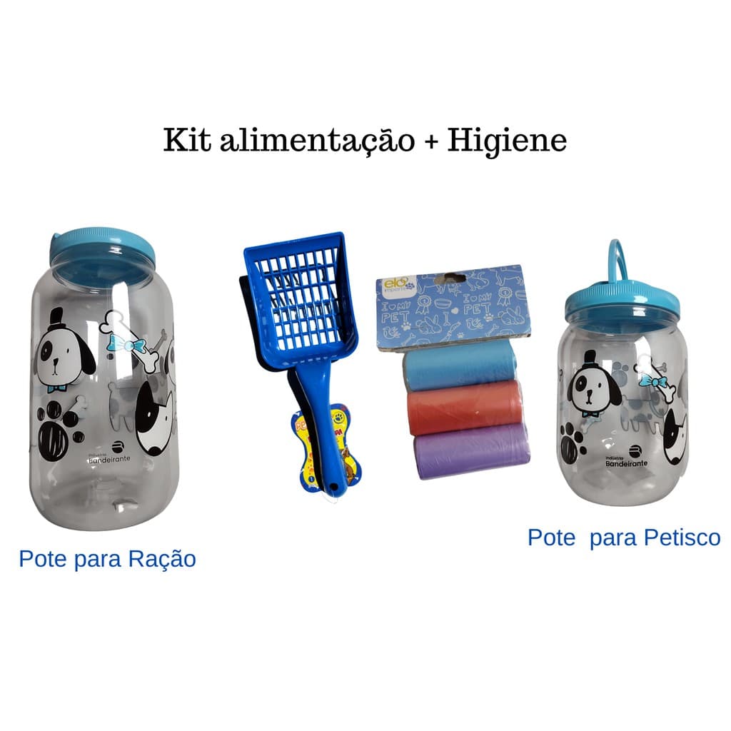 KIT Pote Porta Ração + Porta Petisco + Refil cata caca + Pá todos na cor Azul Cachorros  Cães Gato gatos Com Alça - Para Armazenar Ração do seu PET, acessorios essenciais para seu animal, cachorro caes, filhote, filhotes TOP DOG SHOP