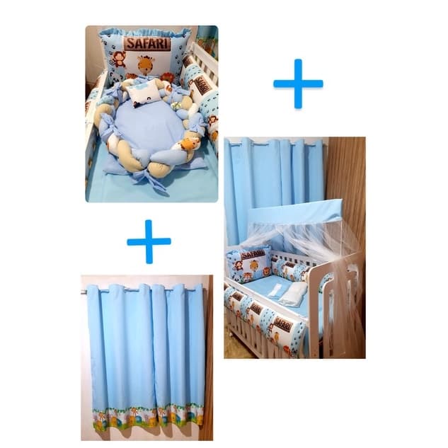 Kit Berço 9 peças + Cortina + Ninho redutor de Berço Safari Azul Bebe