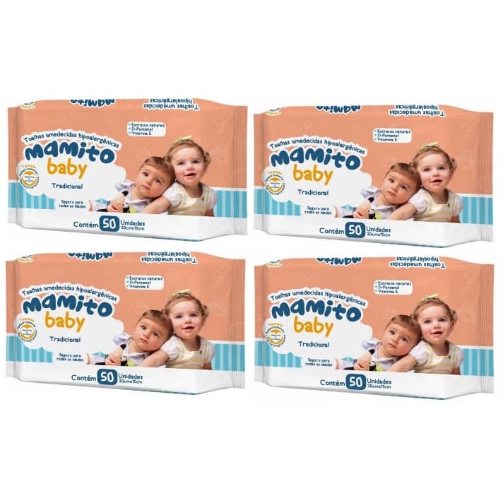 Kit com 4 - Lenços Umedecidos Mamito Baby Tradicional Toalhas Umedecidas Chams 50 Unidades (total: 200 Unidades) @ Original