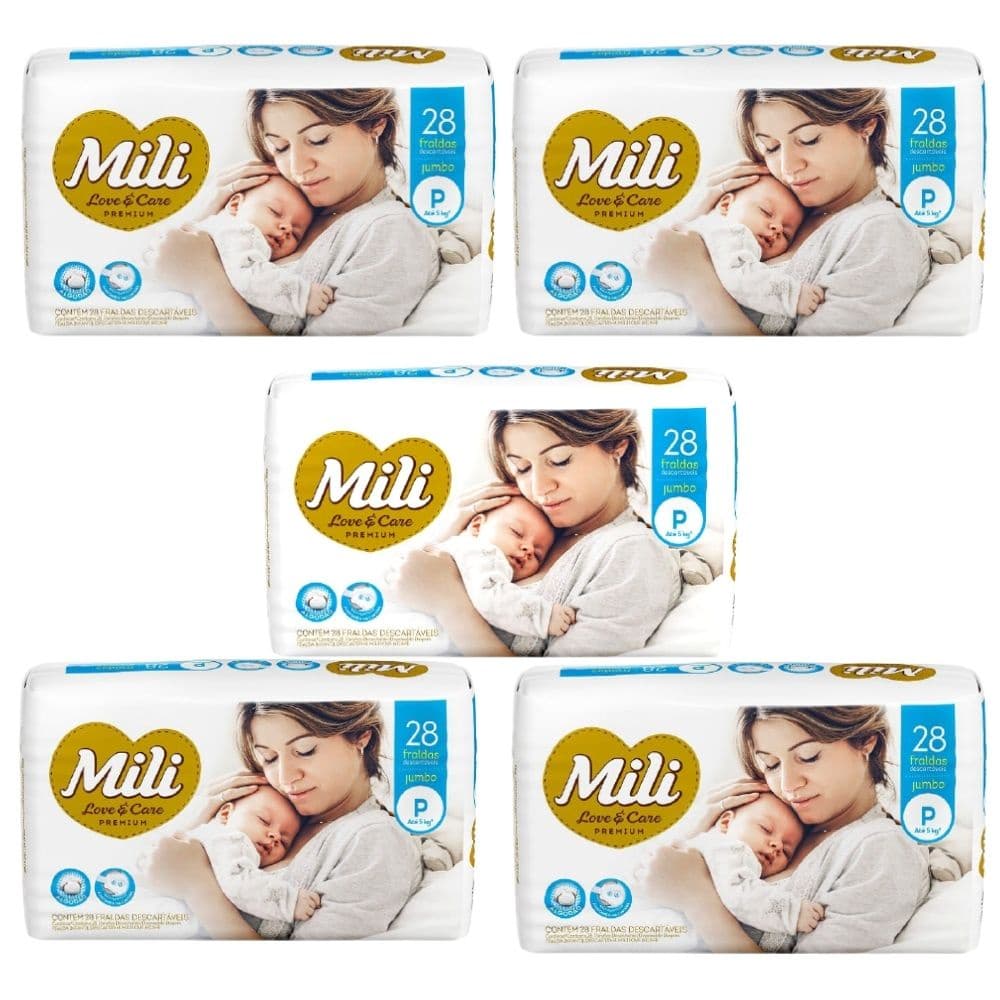 Fralda Descartável Mili - Love & Care - Linha Premiun - Tam P  5 Pacotes c/28 (total 140 fraldas)