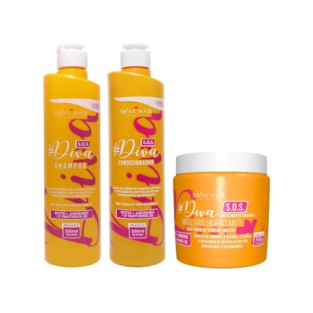 Kit Anti Queda S.O.S Diva Shampoo + Condicionador + Máscara Hidratante 300ml - Tróia Hair