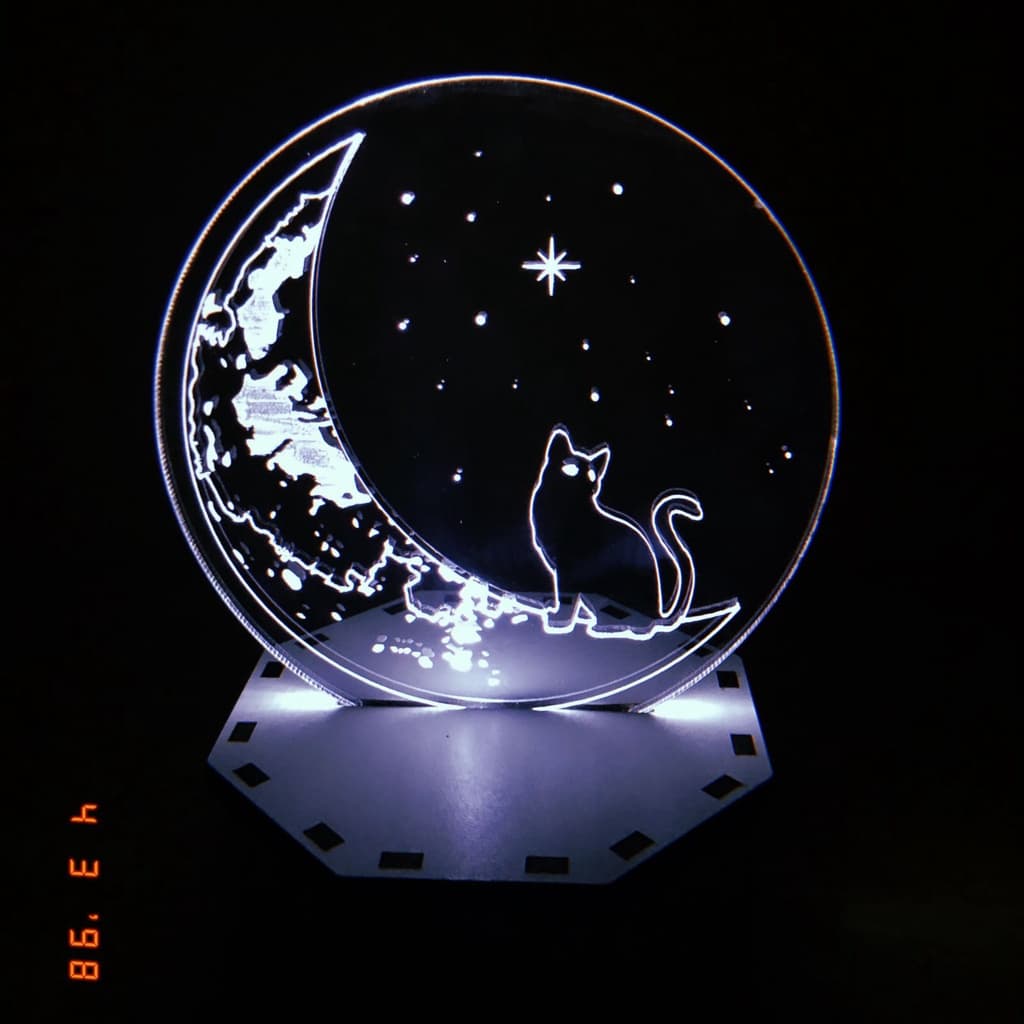 Luminária Led em Acrílico de Lua e Gato - Led Branco ou Colorido