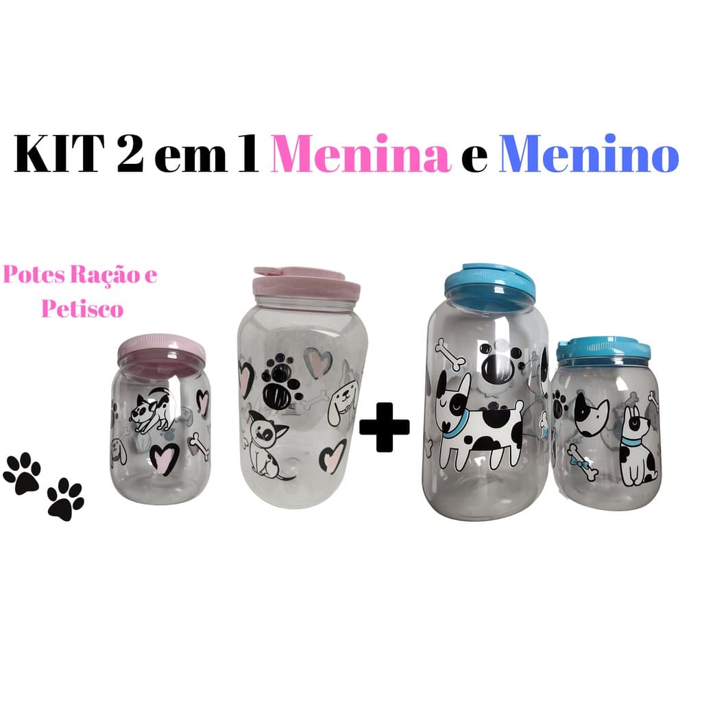 KIT Menina e Menino Pote Porta Ração 3.6 + Porta Petisco 1.7 Cachorros  Cães Gato gatos Com Alça - Para Armazenar Ração
