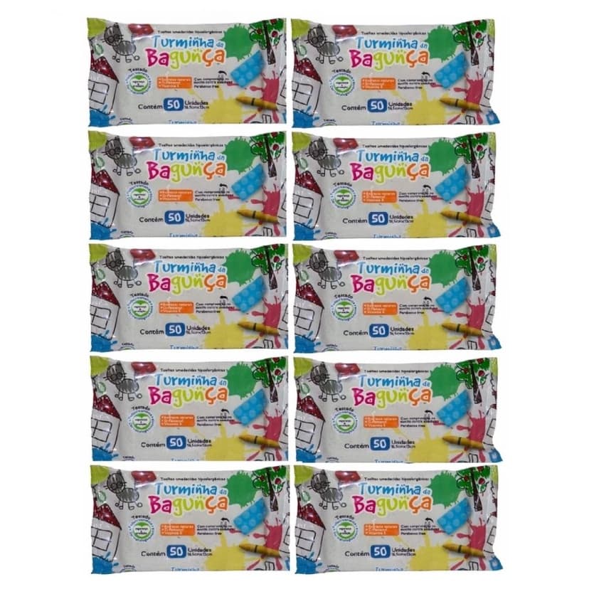 Kit com 10 Lenços umedecidos para bebes turminha da bagunça com 50 folhas cada pacote