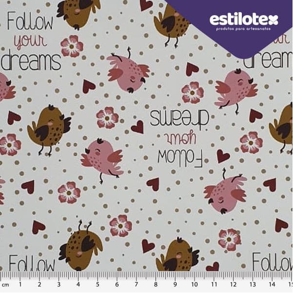Tecido Tricoline Coleção Sonhos 100% algodão - 25cm x 1.50m - Gatinho, Passarinho, Flores - Patchwork / Decoupage