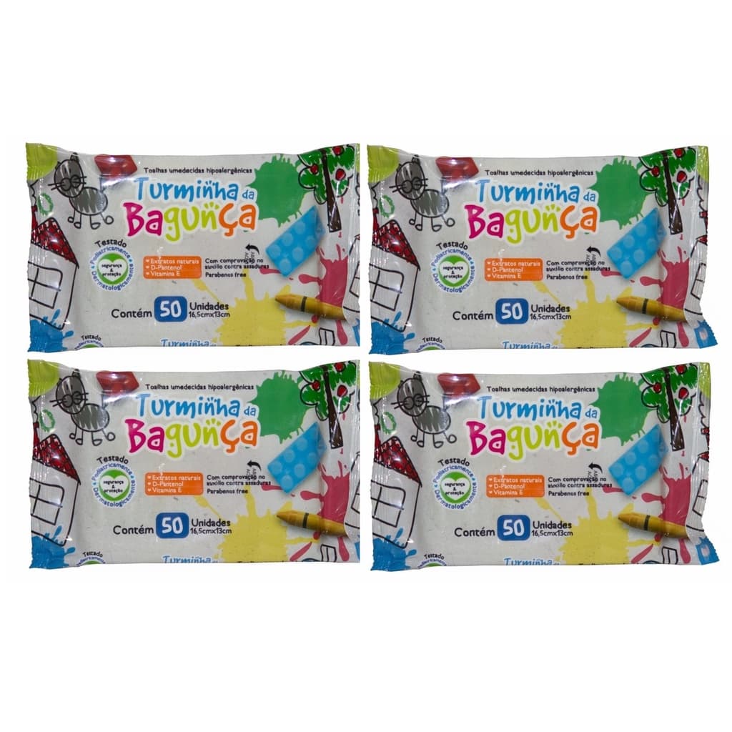 Kit com 4 - Lenços Umedecidos Turminha da Bagunça Toalhas Umedecidas 50 Unidades Cada