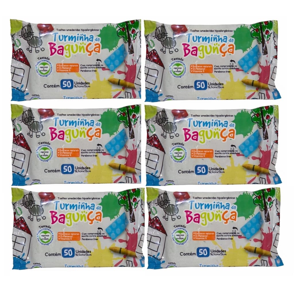 Kit com 6 - Lenços Umedecidos Turminha da Bagunça Toalhas Umedecidas 50 Unidades Cada (Total: 300 lenços) Legitimo