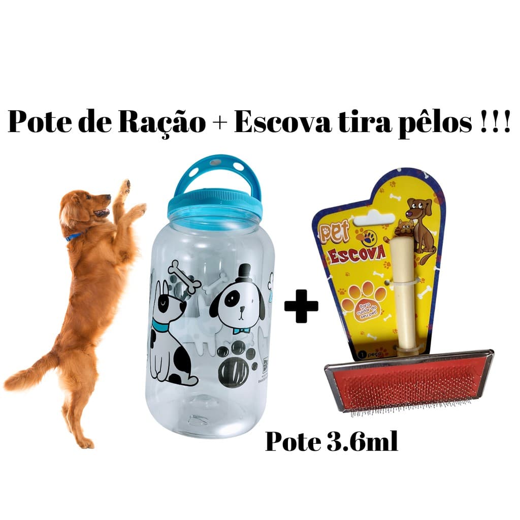 KIT Pote Porta Ração 3.6 + Escova Tosqueadeira, Cachorros  Cães Gato gatos Com Alça - Para Armazenar Ração do seu PET
