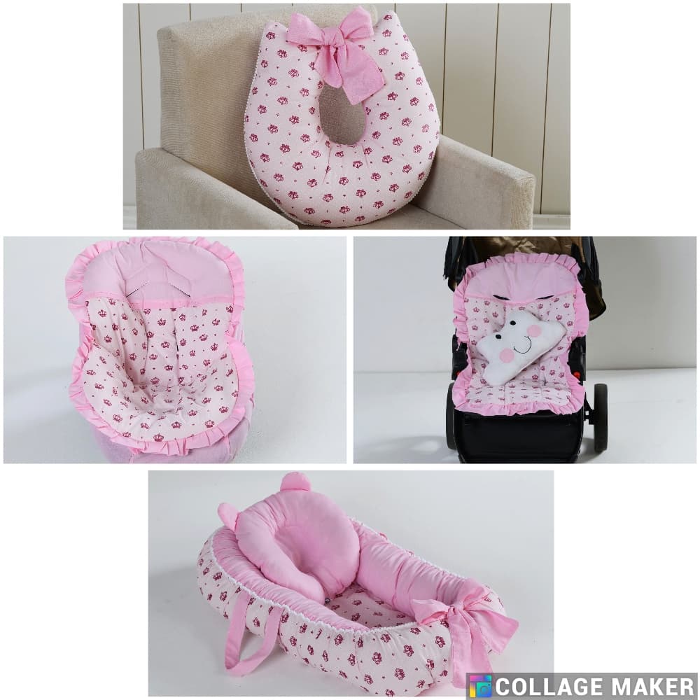 Kit Capa Carrinho + Bebê Conforto + Ninho + Amamentação Coroa Rosa