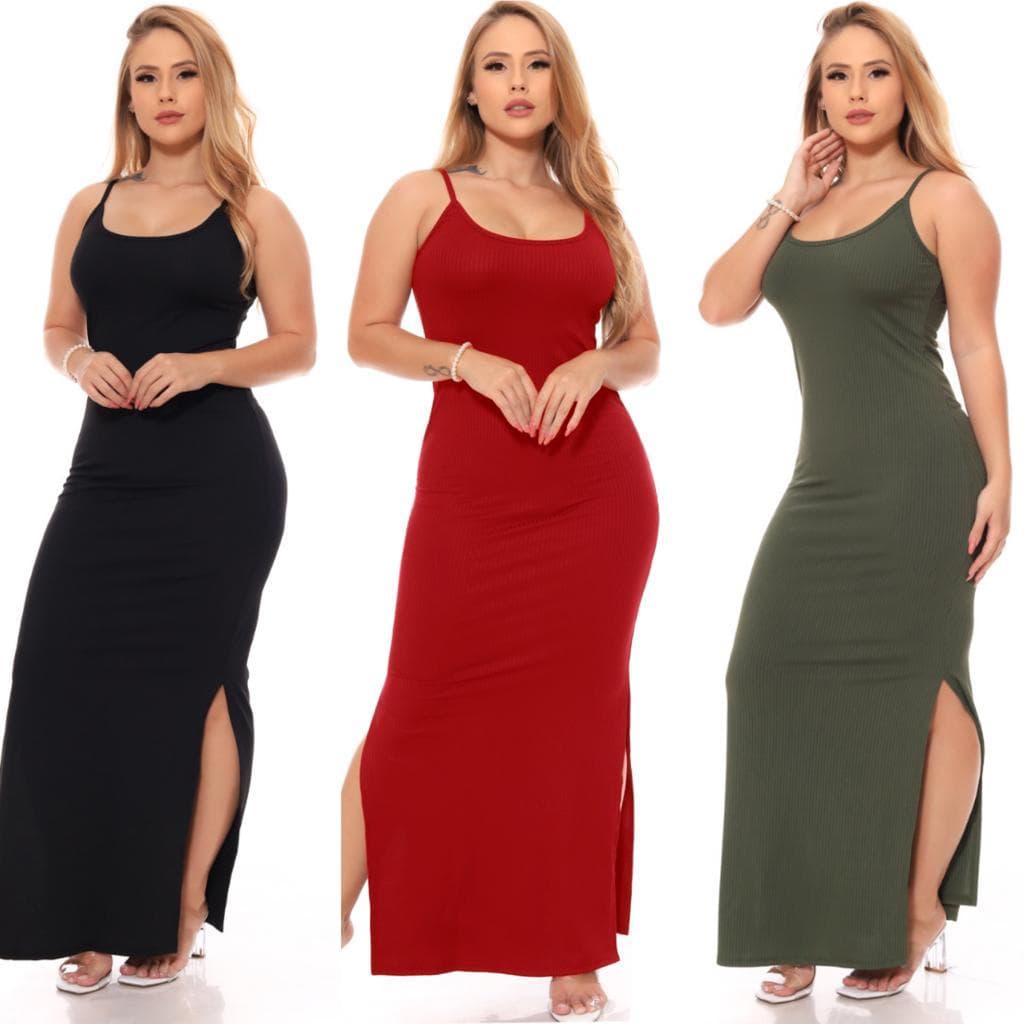 Vestido Alcinha Liso Longo Verão Moderno Canelado Fenda Lateral Alça Gestante Plus Size Curve Gestante Grávida Festa