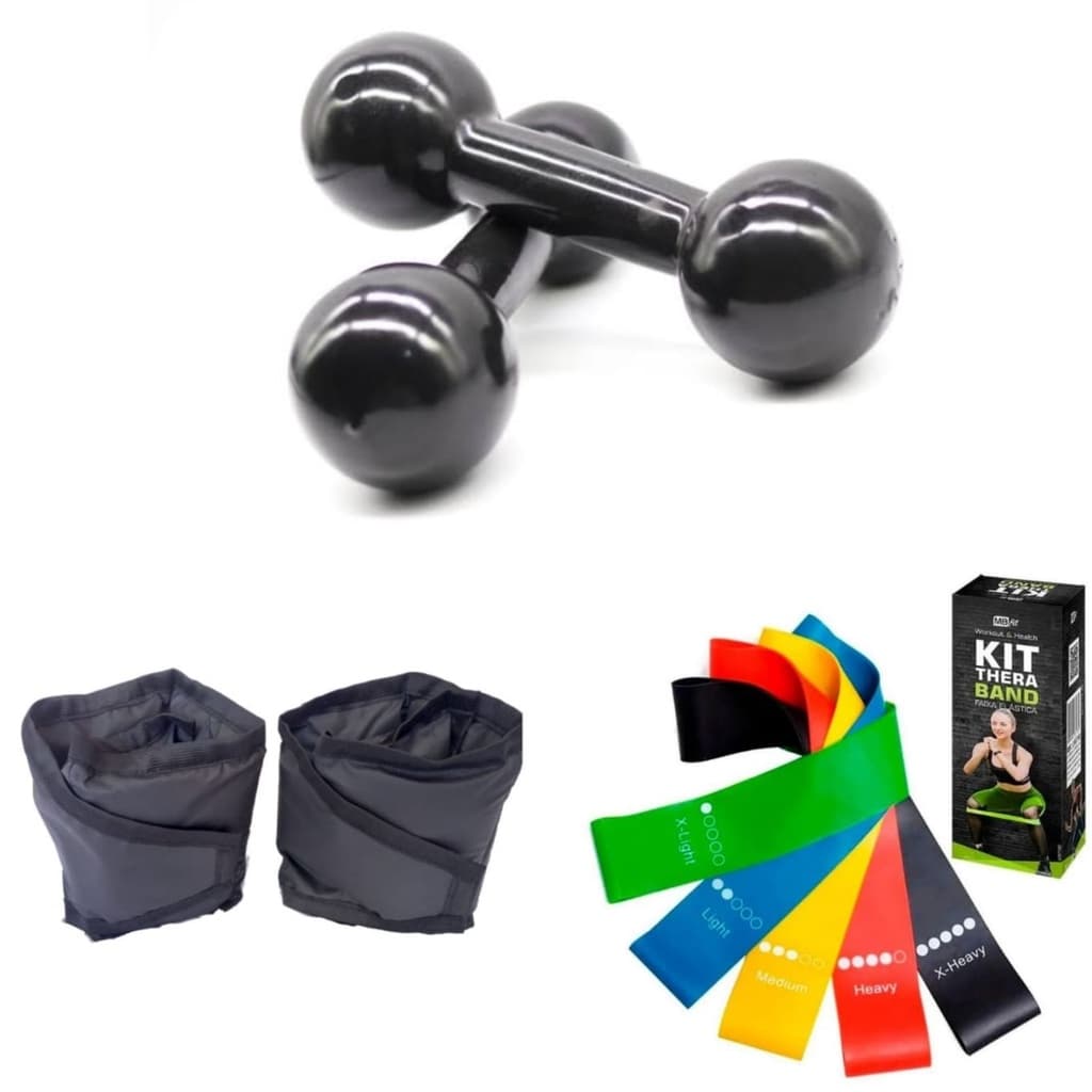 Kit Treino Funcional Par Halter 1 Kg Pesos Emborrachados + Caneleira 1 Kg + Kit 5 Theraband