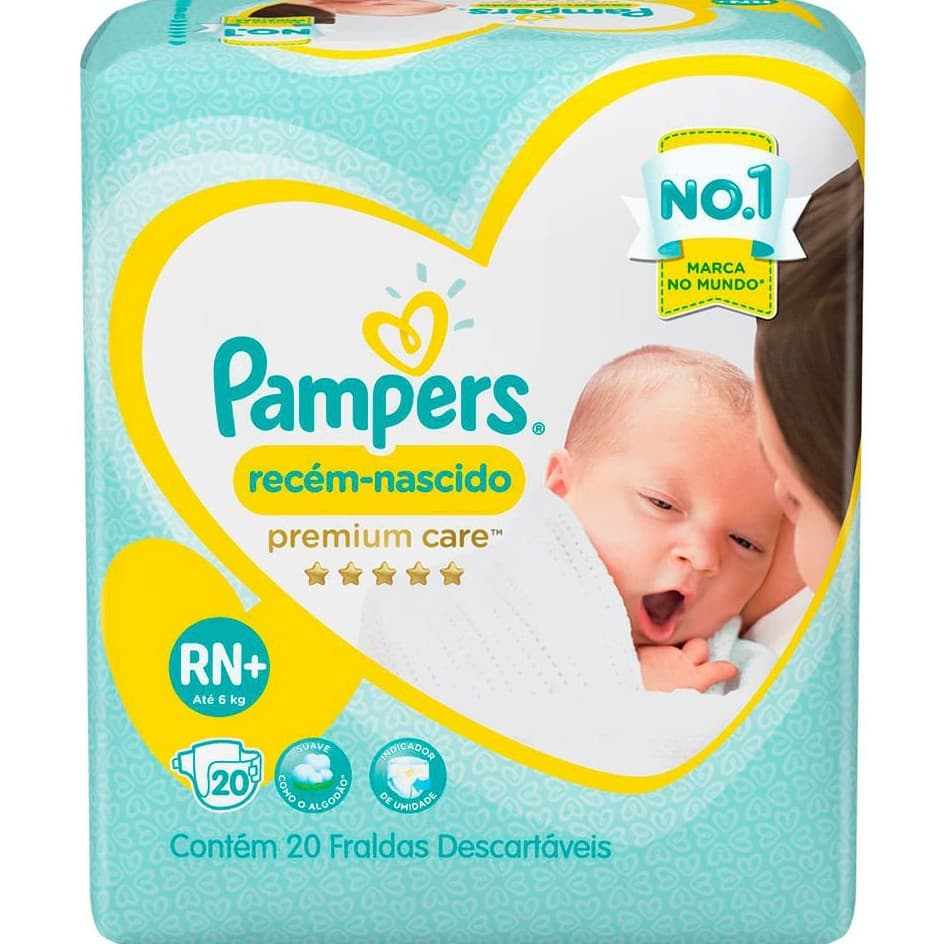 Fralda Pampers Premium Care Recém Nascido RN+ (Até 6kg) 20 Unidades