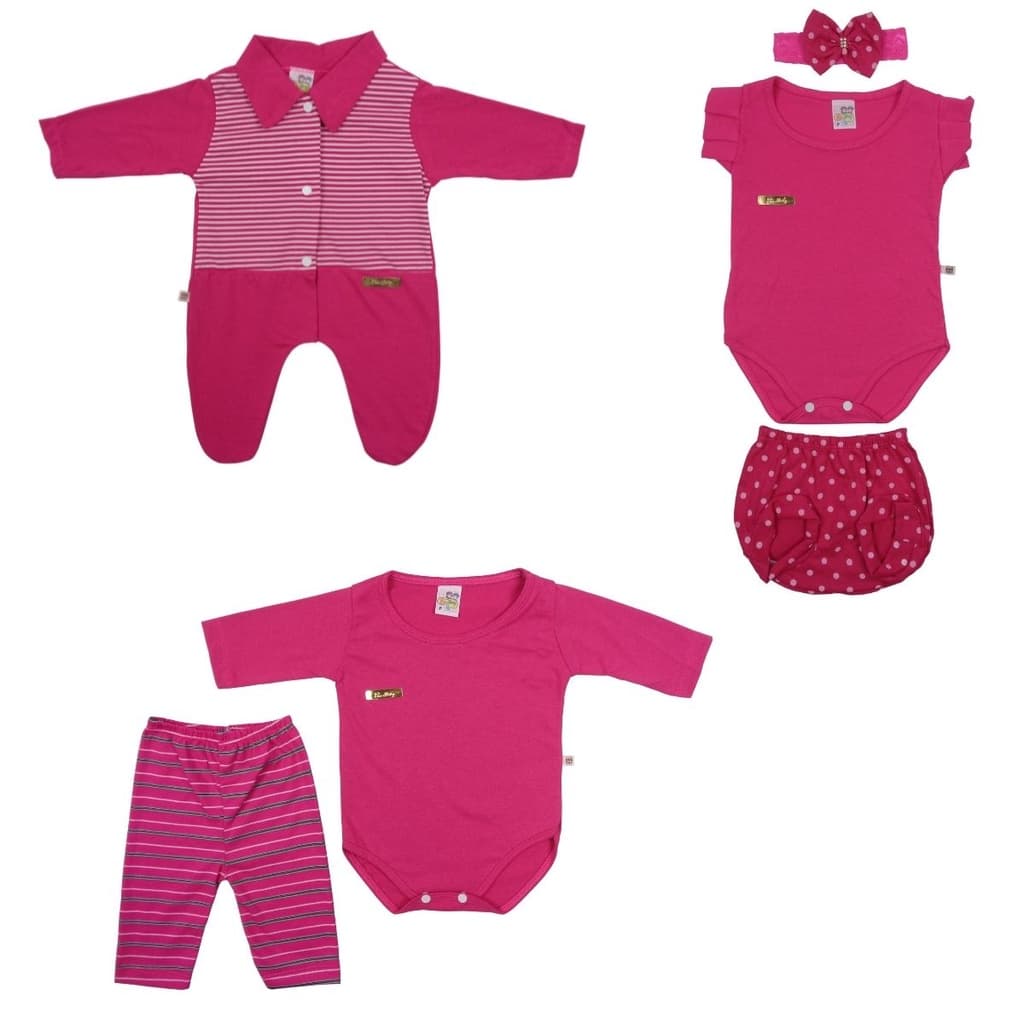 Kit Com 6 Peças Bebê Menina Macacão, Body, Calça e Tapa Fralda