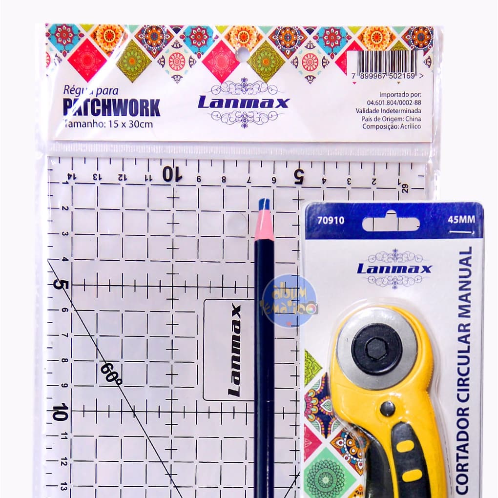 Régua Patchwork Artesanato 15x30 Lanmax + Cortador Circular 45mm + Lápis Tecido