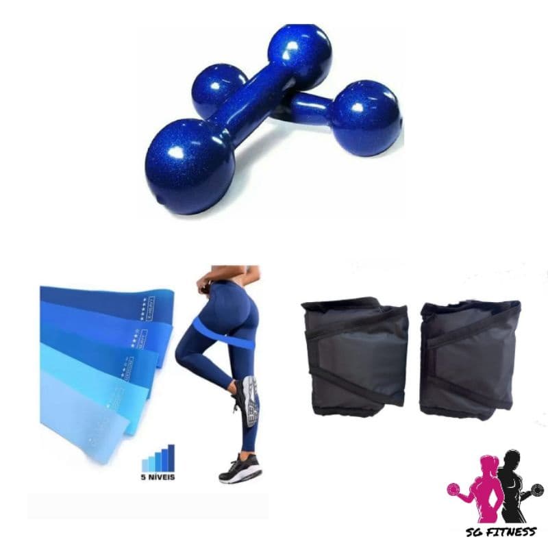 Par Halter Peso Emborrachado 2 Kg Azul + Kit Elásticos Mini Band Cinco Tensões + Par Caneleira 2 Kg Treino Pernas